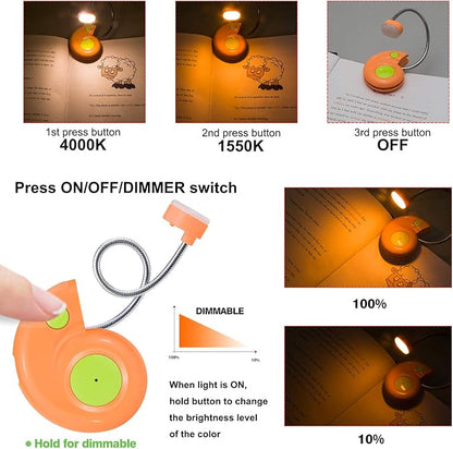 Kids Rechargeable Book Light, Clip on Reading Light for Kid, Amber Book Light for Reading in Bed, 2 Lighting Modes, Blue Light Blocking, Bookmark Light for Bookworms-Orange