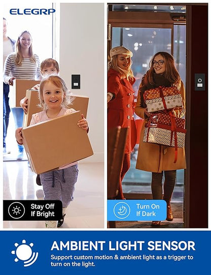 ELEGRP Smart Motion Sensor Switch, 2.4GHz Wi-Fi Single Pole Light Switch Works with Alexa & Google Assistant, APP Remote Control, Neutral Wire Required, UL Certified, No Hub Required (Black, 4 Pack)