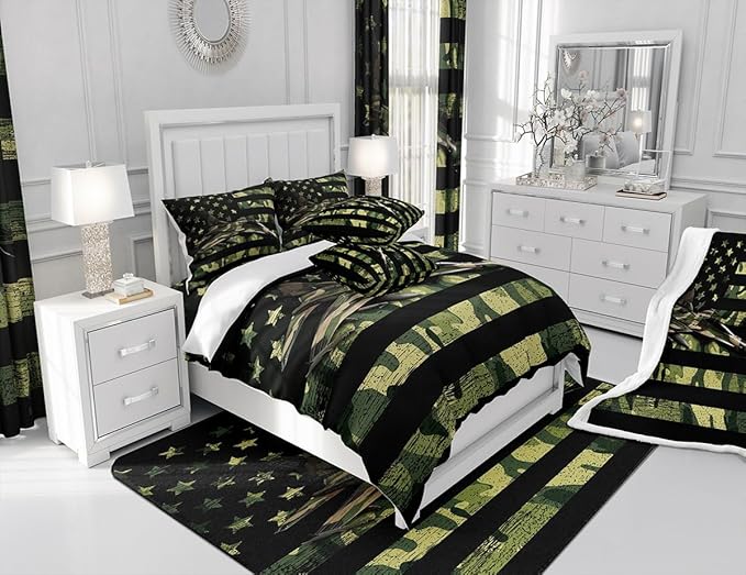 Manfei Aircraft Sheet Set Full Size, Army Camouflage Airplane Bed Sheet Set 4pcs with Deep Pocket Fitted Sheet + Flat Sheet + 2 Pillowcases, Green Camo American Flag Bedding Set for Kids Boys Adults