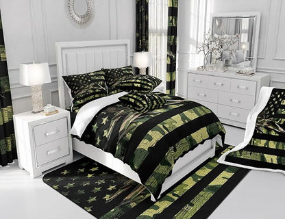 Manfei Aircraft Sheet Set King Size, Army Camouflage Airplane Bed Sheet Set 4pcs with Deep Pocket Fitted Sheet + Flat Sheet + 2 Pillowcases, Green Camo American Flag Bedding Set for Kids Boys Adults