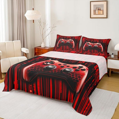 Manfei Gaming Gamepad Kids Sheet Queen Size,Neon Light Geometric Honeycomb Hexagon Bedding Set,Boys Girls Room Decor,Modern Videogames Controller Red Bed Sheet Set 4pcs(Fitted + Flat + 2 Pillowcases)