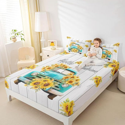 Sunflower Kids Full Size Fitted Sheet,Truck Flower Wooden Natural Room Decor,Floral Rustic Farmhouse Boys Girls Bed Sheets,White Yellow Bedding Set,2 Pillowcases(No Flat)
