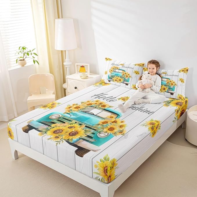 Beach Kids Queen Size Fitted Sheet,Sunrise Wooden Door Coastal Boys Girls Bed Sheets,Hawaii Seaside Seascape Room Decor,Brown Blue Bedding Set,2 Pillowcases(No Flat)