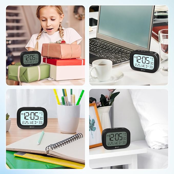 Geevon Small Digital Atomic Alarm Clock for Bedroom, Portable Battery Operated Travel Desk Clock for Heavy Sleepers, with 10s Backlight, Temperature, 3 Inch Display, Black