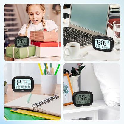 Geevon Small Digital Atomic Alarm Clock for Bedroom, Portable Battery Operated Travel Desk Clock for Heavy Sleepers, with 10s Backlight, Temperature, 3 Inch Display, Black