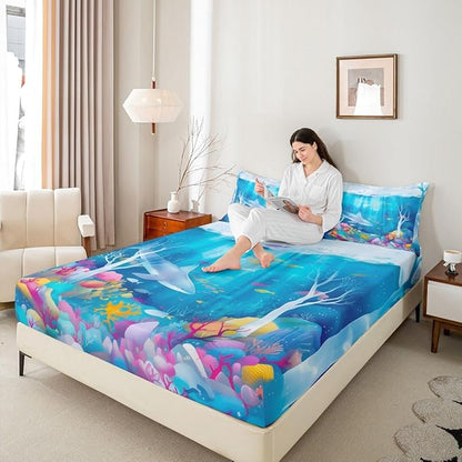 Ocean Boys Girls Bed Sheets,Marine Organism Shark Room Decor,Underwater World Sealife Kids Twin Size Fitted Sheet,Blue Bedding Set,1 Pillowcase(No Flat)