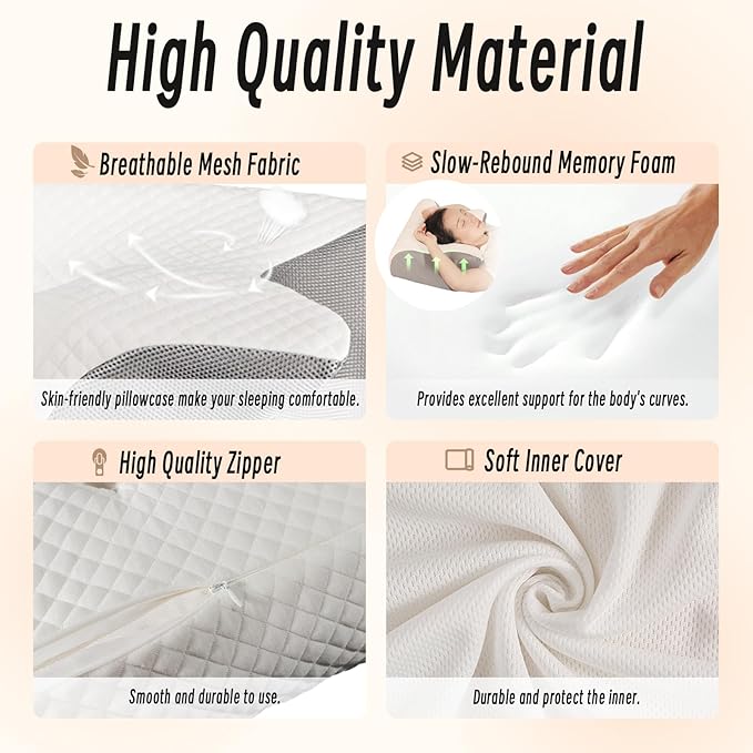 Cervical Pillow for Neck Pain Relief, Ergonomic Contour Orthopedic Pillow for Sleeping Shoulder Pain & Support, Cozy Memory Foam Neck Pillow with Pillowcase for Side Back Stomach Sleeper(White)
