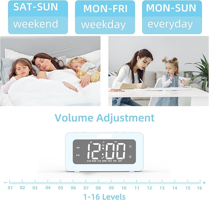 Cooluck Digital Alarm Clock for Bedrooms, Loud Dual Alarm for Heavy Sleepers, Large Display Desk Clock with 7 LED Night Lights, Nature Sounds, for Adults, Teens, Home or Office (White)