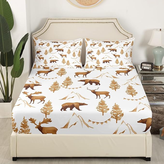 Deer Bear Kids Fitted Sheet Full Size,Pine Trees Animals Hunting Adventure Camper Bedding Set,Boys Girls Room Decor,Mountain Rustic Farmhouse Bed Cover,Brown Retro Bed Sheet,2 Pillowcases