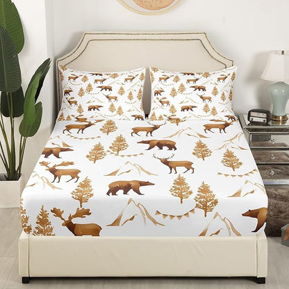 Deer Bear Kids Fitted Sheet Full Size,Pine Trees Animals Hunting Adventure Camper Bedding Set,Boys Girls Room Decor,Mountain Rustic Farmhouse Bed Cover,Brown Retro Bed Sheet,2 Pillowcases