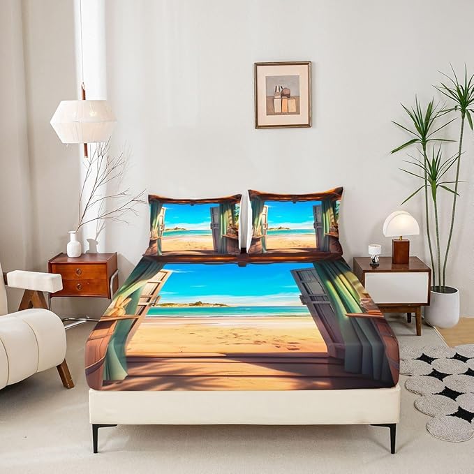 Beach Boys Girls Bed Sheets,Coastal Ocean Hawaii Sea Room Decor,Nautical Wooden Door Seaside Kids Twin Size Fitted Sheet,Blue Brown Bedding Set,1 Pillowcase(No Flat)