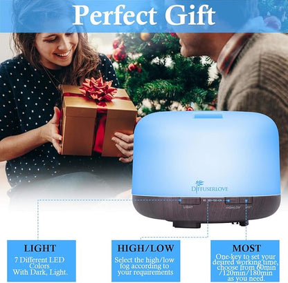 Diffuserlove Essential Oil Diffuser 500ML Aromatherapy Diffuser Mist Humidifiers 7 Color LED Lights Diffusers for Home Office Bedroom (Size:6.7" L x 6.7" W x 4.7" H)