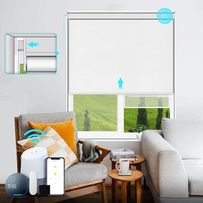 Motorized Blinds No Drill Automatic Roller Shades Cordless Smart Remote Windows Blinds (Customize Size)