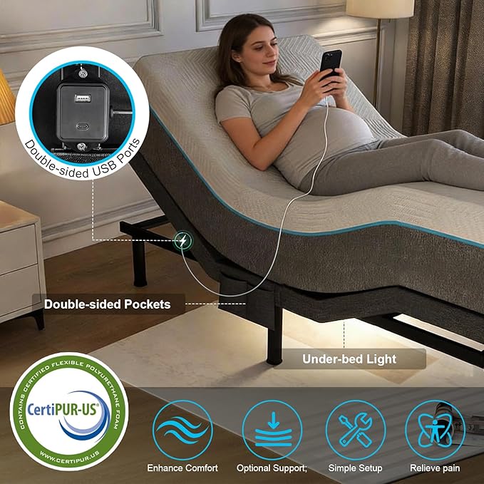 Vipbear Split King Adjustable Bed Base - Dual Motor Bed Frame with Wireless Remote, Zero Gravity/Anti-Snore/TV Mode, Under-Bed LED Light & 4 USB Ports, 3-Height Adjustable Legs