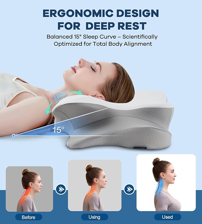 DONAMA Cervical Pillow for Neck and Shoulder,Contour Memory Foam Pillow,Ergonomic Neck Support Pillow for Side Back Stomach Sleepers with Pillowcase