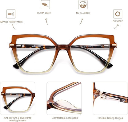 AMOMOMA Trendy Square Blue Light Blocking Reading Glasses for Women Women's Readers Spring Hinge AM6082
