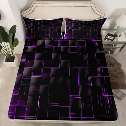 Manfei Geometric Sheet Set Full Size, Abstract Square Grid Print Bedding Set for Kids Boys Girls Adults, Purple and Black Bed Sheet Set 4pcs with Deep Pocket Fitted Sheet + Flat Sheet + 2 Pillowcases