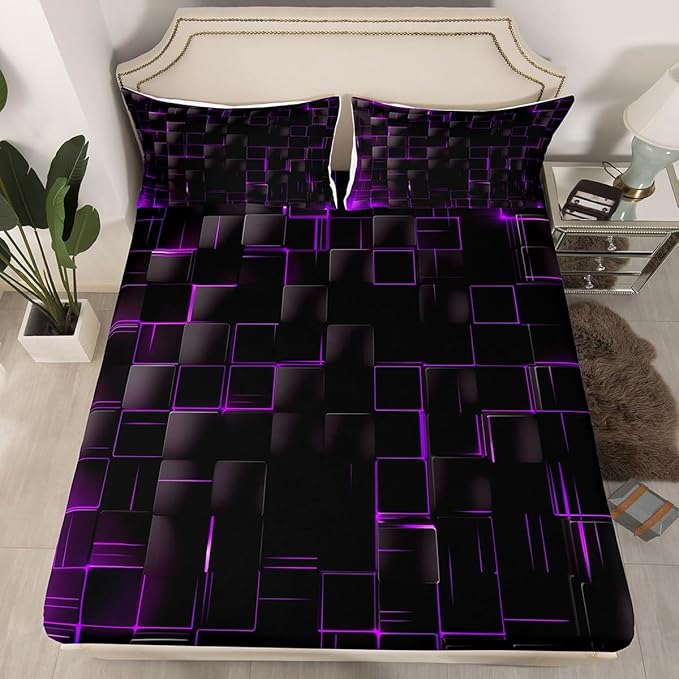 Manfei Geometric Sheet Set Queen Size, Abstract Square Grid Print Bedding Set for Kids Boys Girls Adults, Purple and Black Bed Sheet Set 4pcs with Deep Pocket Fitted Sheet + Flat Sheet + 2 Pillowcases