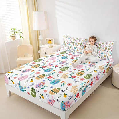 Happy Easter Fitted Sheet Twin Size Easter Egg Cute Rabbit Bedding Set for Kids Bedroom Floral Spring Flowers Bed Sheet Set 2pcs Colorful Deep Pocket Mattress Cover,No Top Flat