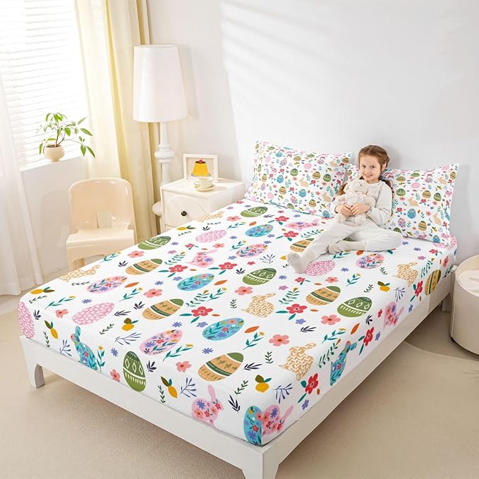 Happy Easter Fitted Sheet Queen Size Easter Egg Cute Rabbit Bedding Set for Kids Bedroom Floral Spring Flowers Bed Sheet Set 3pcs Colorful Deep Pocket Mattress Cover,No Top Flat