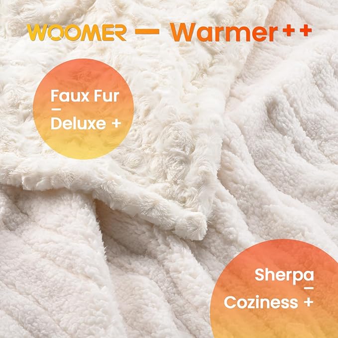 WOOMER Heated Blanket King Size 100" x 90", Electric Blanket with Dual Controls, 0.5-12 Hours Timer & 10 Heating Levels, ETL Certified, White Rose Patterns Faux Fur & Sherpa, Machine Washable