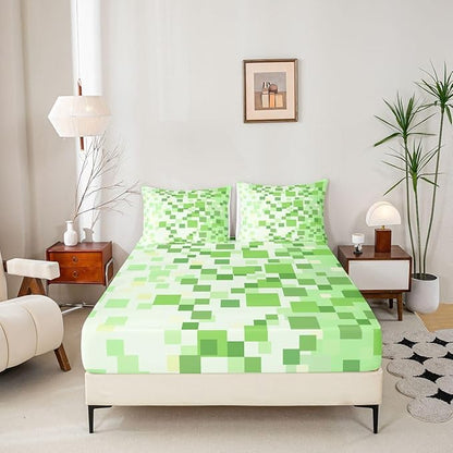 Pixelated Game Kids Twin Size Fitted Sheet,Video Games Abstract Gaming Boys Girls Bed Sheets,Geometric Gamepad Square Room Decor,Light Green Bedding Set,1 Pillowcase(No Flat)