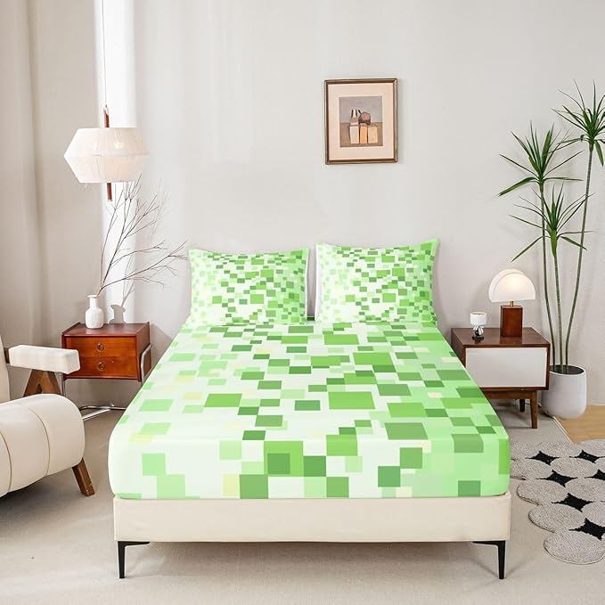 Pixelated Game Kids Full Size Fitted Sheet,Video Games Abstract Gaming Boys Girls Bed Sheets,Geometric Gamepad Square Room Decor,Light Green Bedding Set,2 Pillowcases(No Flat)