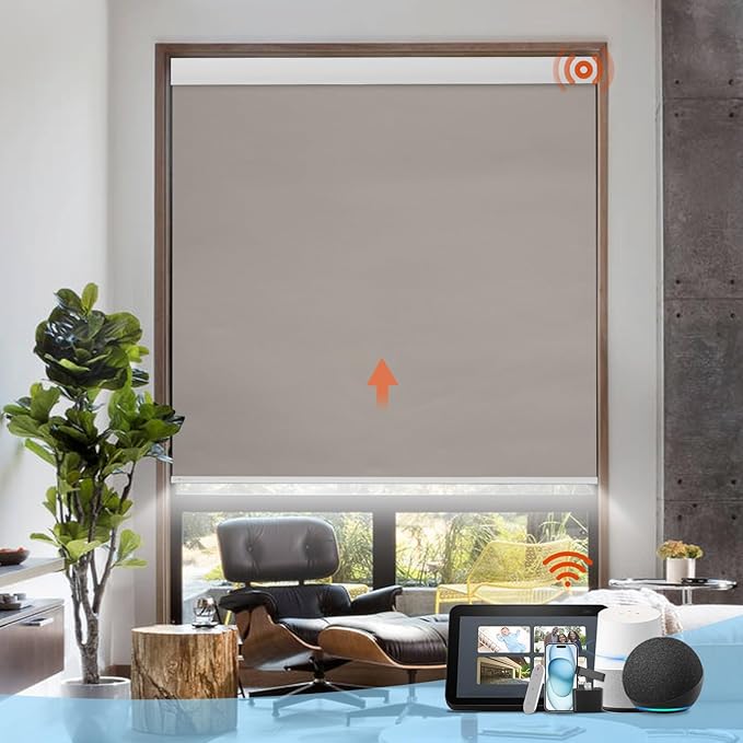 DENFOON Motorized Blinds with Remote,Thermal Electric Blinds【with Cover】,Customizable Automatic Roller Shades, Blackout Remote Control Blinds for Windows Upgrade to Smart Blinds, Gray