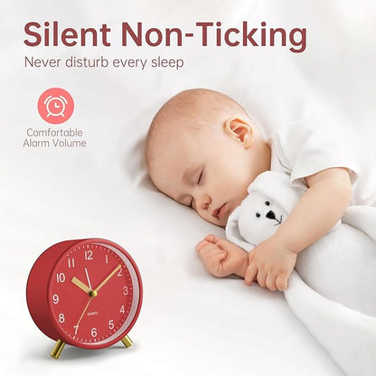 Analog Alarm Clock, 4 inch Super Silent Non Ticking Small Clock with Night Light, Battery Operated, Simple Design, easy setting for Office, Bedroom, Bedside, Desk, teens, elders, kids, adult, Red