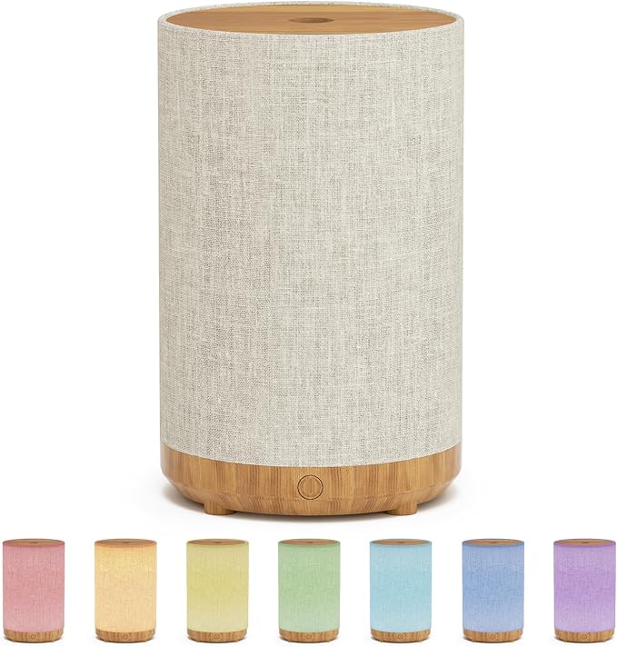 Essential Oil Diffuser with Fabric Cover, Small Portable Aroma Diffuser 120ml, Ultrasonic Aromatherapy Oil Diffuser with 8 Colors LED, Auto Shut-Off Function, Mini Humidifier for Bedroom Home