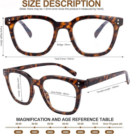 3 Pack Reading Glasses for Women Men, Square Blue Light Blocking Reading Glasses with Spring Hinge Anti Eyestrain Eyeglasses, Computer Readers with Glasses Chain, +1.5