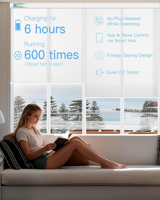 Motorized Solar Roller Shades with Remote Control, Light Filtering Smart Blinds for Windows Work with Alexa Google via Hub, Rechargeable Electric Shade Customized Size (Fireproof White)