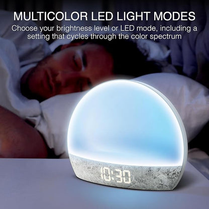 Swissbrand Sunrise Alarm Clock with Multicolor LED Light, USB Charging & Indoor Temperature – Concrete-Print Digital Clock for Bedroom Nightstand