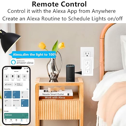 Nexete Smart Dimmer Plug Outlet Switch, Lamp Dimmer Outlet Switch Plug Adapter for Dimmable LED Light Bulbs, Lamps, String Lights, Voice Control,Bluetooth Compatible with Alexa Only (Plug in Dimmer)