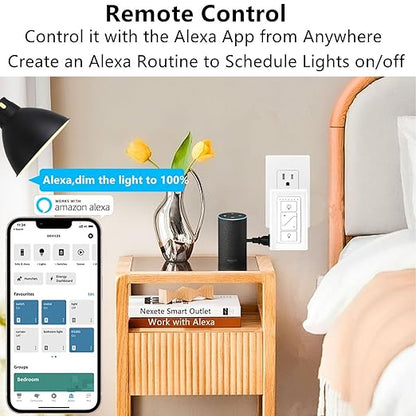 Nexete Smart Dimmer Plug Outlet Switch, Lamp Dimmer Outlet Switch Plug Adapter for Dimmable LED Light Bulbs, Lamps, String Lights, Voice Control,Bluetooth Compatible with Alexa Only (Plug in Dimmer)