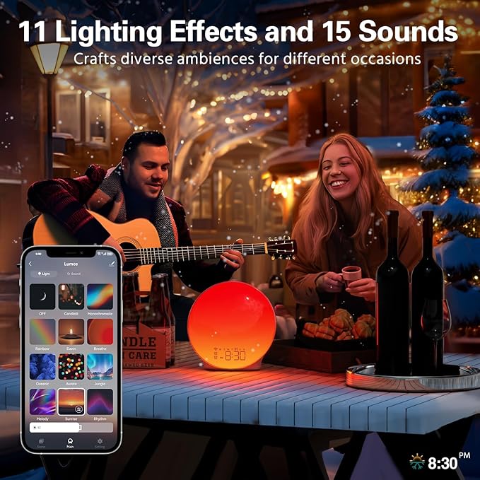 MOMILLA Smart Sunrise Alarm Clock, White Noise Sound Machine Wake-up Light with App Control, FM Radio, Sunset Night Light, Dual Alarms with Snooze Function for Heavy Sleepers Kids
