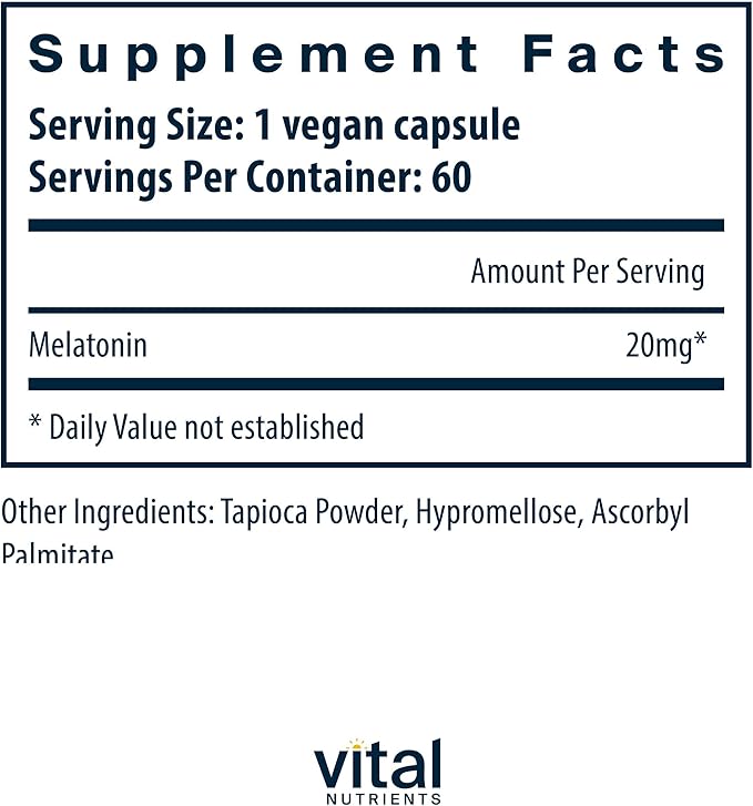 Vital Nutrients Melatonin 20mg - Vegan - Sleep Supplement to Support The Body's Natural Sleep Cycle* - Gluten, Dairy, Soy Free - 60 Capsules