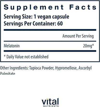 Vital Nutrients Melatonin 20mg - Vegan - Sleep Supplement to Support The Body's Natural Sleep Cycle* - Gluten, Dairy, Soy Free - 60 Capsules