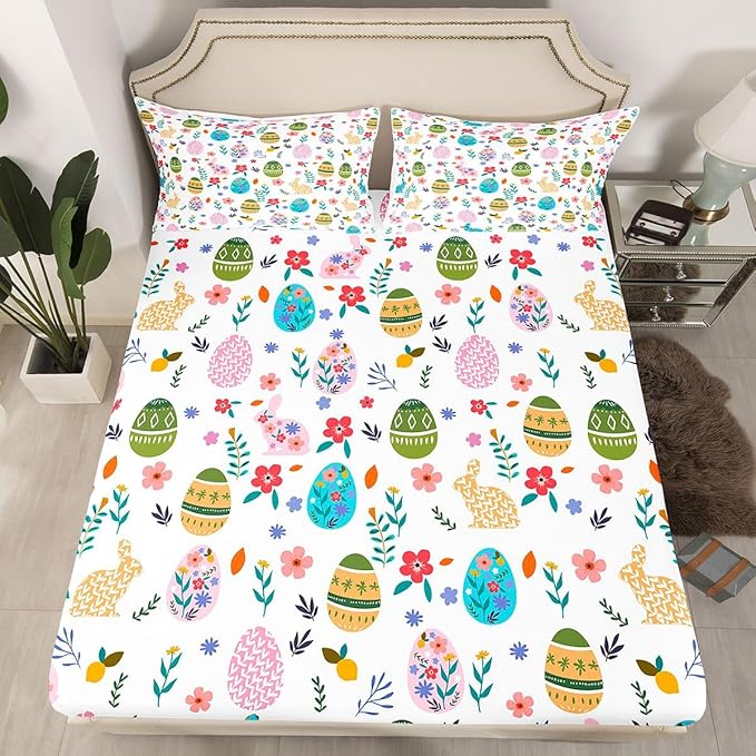 Happy Easter Fitted Sheet Twin Size Easter Egg Cute Rabbit Bedding Set for Kids Bedroom Floral Spring Flowers Bed Sheet Set 2pcs Colorful Deep Pocket Mattress Cover,No Top Flat