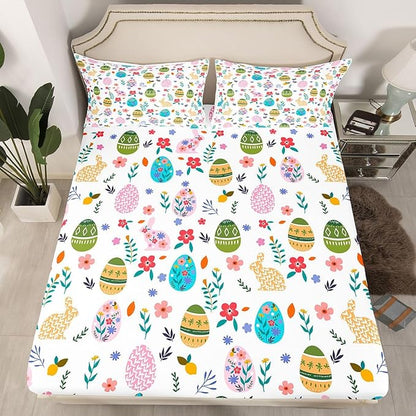 Happy Easter Fitted Sheet Queen Size Easter Egg Cute Rabbit Bedding Set for Kids Bedroom Floral Spring Flowers Bed Sheet Set 3pcs Colorful Deep Pocket Mattress Cover,No Top Flat