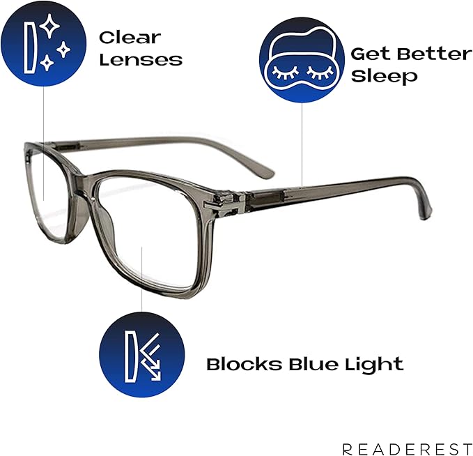 Readerest Blue Light Blocking Glasses – Thin Reflective Lens, Anti-Glare Computer Eyeglasses, UV Protection, Eye Strain Relief (Grey, 1.25 Magnification)