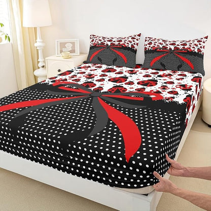 Manfei Red Black Bowknot Kids Sheet King Size,Ladybug Ladybird Beetle Insect Rustic Girls Boys Bedding Set Decor,Geometric Polka Dots Bow Tie Cute Bed Sheet Set 4pcs(Fitted + Flat + 2 Pillowcases)