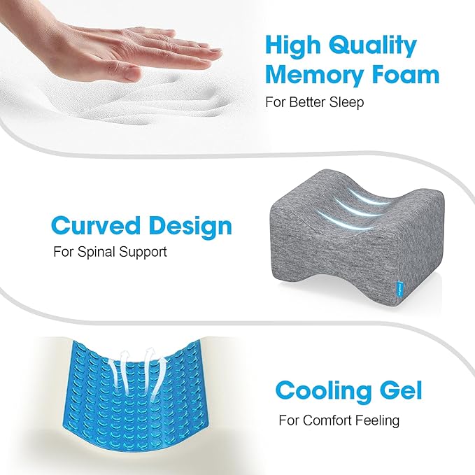 Knee Pillow for Side Sleepers with Cooling Gel, Memory Foam Elevation Pillow for Spine Aligning, Sciatica, Back, Hip, Knee, Ankle Pain, Grey/Plus