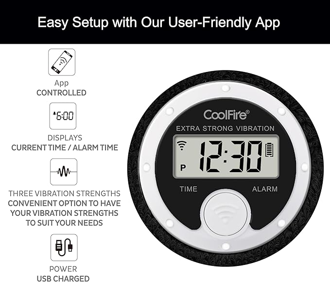 CoolFire Vibrating Alarm Clock Wristband, Silent Wake-Up Watch for Heavy Sleepers, Won’t Disturb Partner, Vibration Alarm Band for Couples/Roommates, Deaf/Hearing Impaired, 4 Alarms, Bluetooth App, Rechargeable (Black)