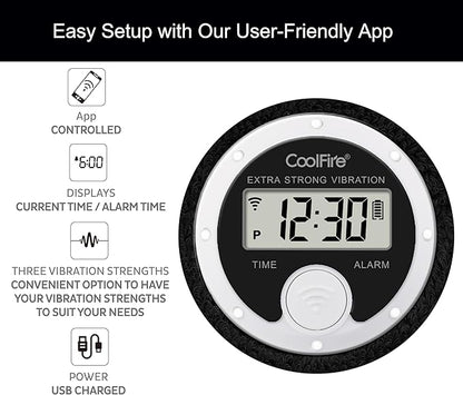 CoolFire Vibrating Alarm Clock Wristband, Silent Wake-Up Watch for Heavy Sleepers, Won’t Disturb Partner, Vibration Alarm Band for Couples/Roommates, Deaf/Hearing Impaired, 4 Alarms, Bluetooth App, Rechargeable (Black)