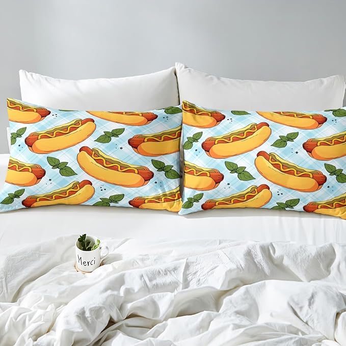 Manfei Fast Food Sheet Set Twin Size, American Cartoon Hot Dog Hamburg Bedding Set for Kids Boys Girls Room Decor, Blue White Plaid Bed Sheet Set 3pcs (Fitted Sheet, Flat Sheet, 1 Pillowcase)
