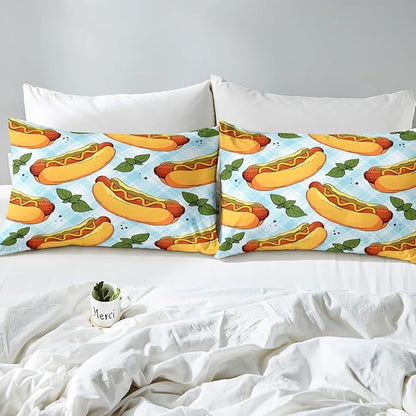 Manfei Fast Food Sheet Set Queen Size, American Cartoon Hot Dog Hamburg Bedding Set for Kids Boys Girls Room Decor, Blue White Plaid Bed Sheet Set 4pcs (Fitted Sheet, Flat Sheet, 2 Pillowcases)