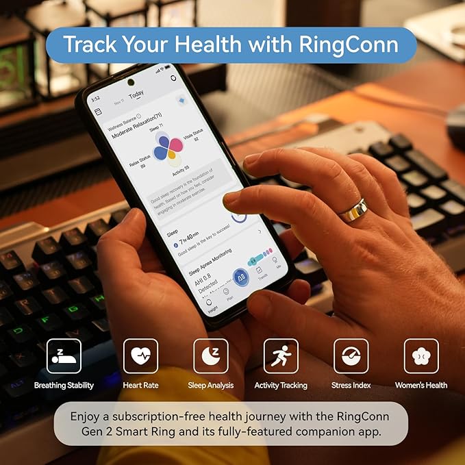 RingConn Gen 2, World’s First Smart Ring with Sleep Apnea Monitoring, No APP Subscription, 12-Day Battery Life, Stress/Heart Rate/Women's Health Tracker, Android & iOS Compatible (Silver, Size 8)