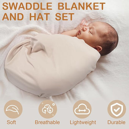 JaGely 2 Pcs Stretchy Baby Swaddle Blankets Set Extra Soft 47" x 47" Baby Newborn Swaddle Blanket and Hat(Apricot, Khaki)
