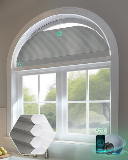 Yoolax Smart Cellular Shades, Motorized Arch Window Honeycomb Blinds Motorized Blinds with Remote Compatible with Alexa, Customized Arched Cellular Shades (Half Shading Dark Grey)